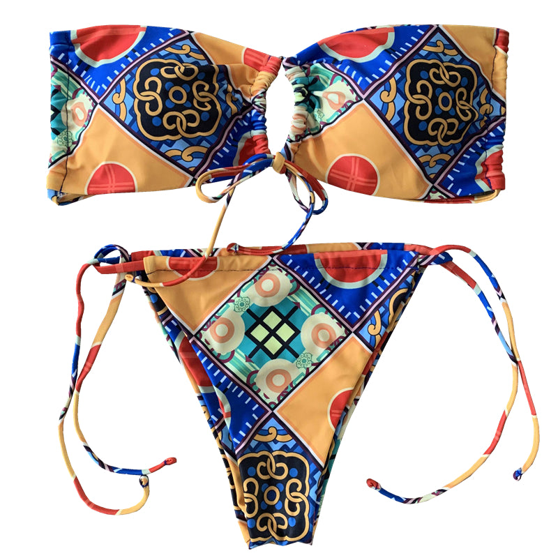 Fashion New Swimsuit Women's Sexy Bikini with Breast Pad Tube Top Strap Color Print Bikini Hot Spring Swimsuit