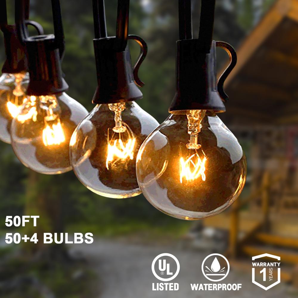 25Ft 30ft 50ft G40 String Lights with Globe Clear Bulbs &  Spare Bulbs Waterproof IP44 Patio Hanging Lights for Indoor & Outdoor