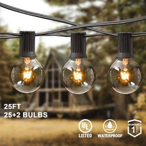 Open image in slideshow, 25Ft 30ft 50ft G40 String Lights with Globe Clear Bulbs &amp;  Spare Bulbs Waterproof IP44 Patio Hanging Lights for Indoor &amp; Outdoor
