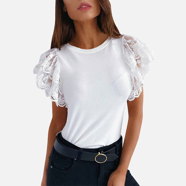 Mesh O-neck Patchwork Blouses Women 2020 Summer Office Lady Tops Woman Black White Solid Lace Petal Short Sleeve Female Blouse
