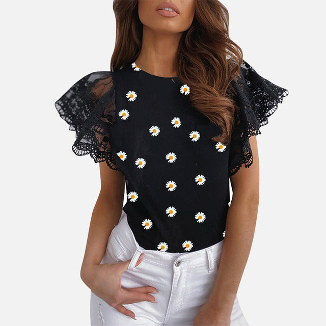 Mesh O-neck Patchwork Blouses Women 2020 Summer Office Lady Tops Woman Black White Solid Lace Petal Short Sleeve Female Blouse