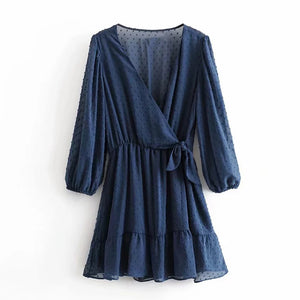 Aachoae 2020 Summer Women Ruffles Lace Chiffon Dress Boho Mini Beach Dress Three Quarter Sleeve Ladies Party Dresses Vestido