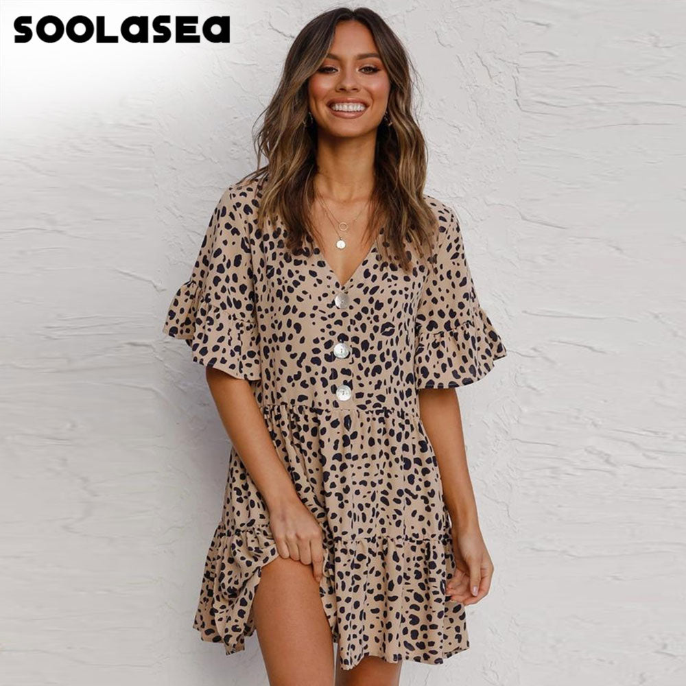 Soolasea 2020 Summer Style Women Mini Leopard Dress Summer Print Ruffles Short Sleeve V neck Party Sweet Beach Dress Vestidos