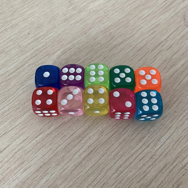 10PCS/Lot Dice Set 10 Colors  High Quality Acrylic 6 Sided Transparent Dice  For Club/Party/Family Games 14mm