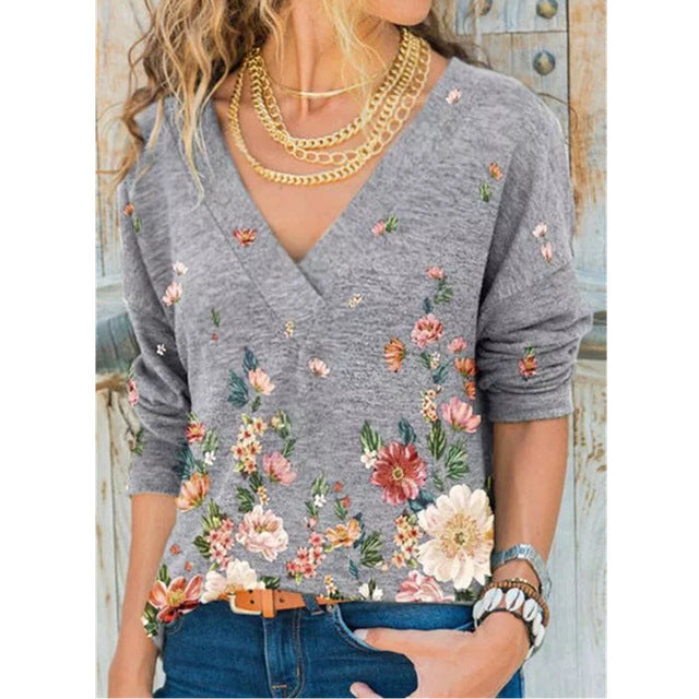 Snake YX Women's Clothing Autumn and Winter New Fashion Women's V-neck Flower Print Long-sleeved Casual Loose T-shirt Plus Size