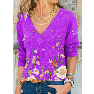 Open image in slideshow, Snake YX Women&#39;s Clothing Autumn and Winter New Fashion Women&#39;s V-neck Flower Print Long-sleeved Casual Loose T-shirt Plus Size
